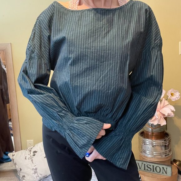 Walter Backer Chester Top Teal Long Sleeve Pinstripe Stripe Blouse Size large. - Picture 7 of 8